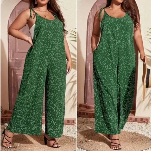 Boho Plus Polka Dot Pocket Wide leg Jumper Jumpsuit - Picture 1 of 5